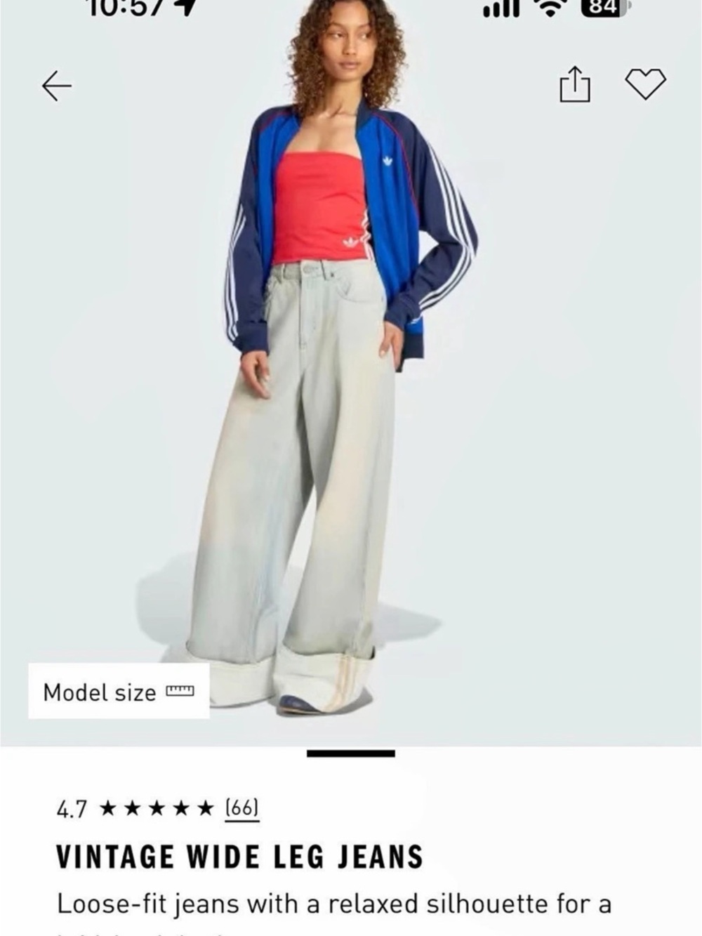 adidas Vintage Wide Leg Jeans with Checked Seam Blue & Cream